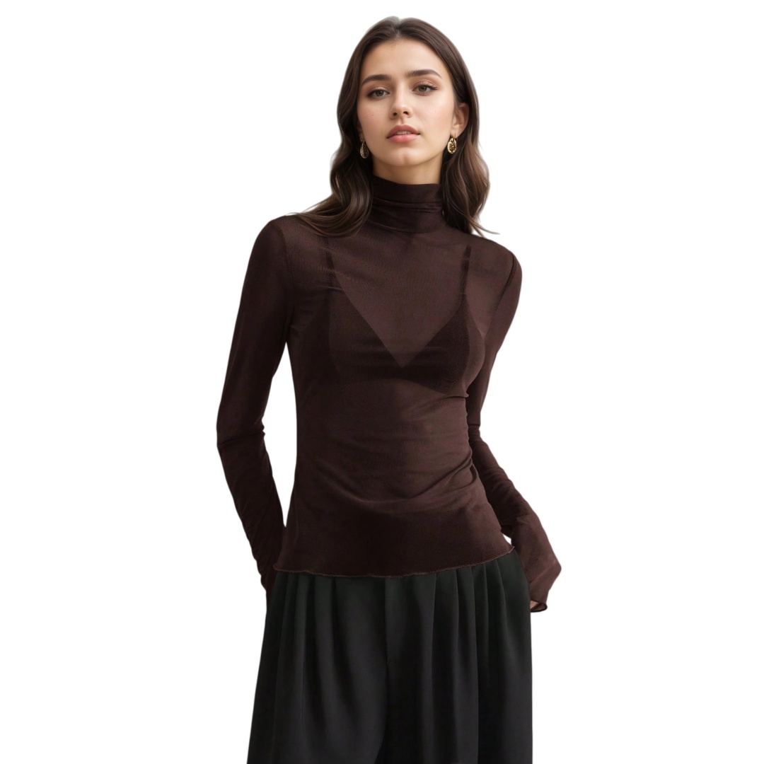 Womens Elegant Turtleneck Mesh Top Sexy Long Sleeve Semi-Sheer Slim T-shirts
